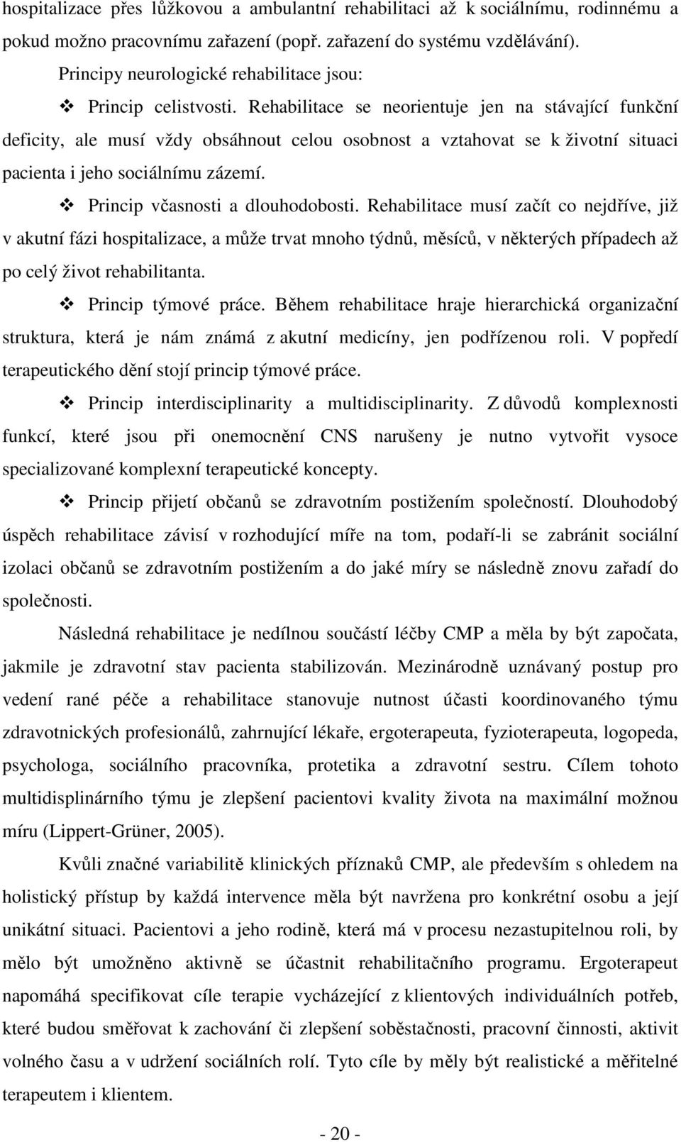 Rehabilitace se neorientuje jen na stávající funkční deficity, ale musí vždy obsáhnout celou osobnost a vztahovat se k životní situaci pacienta i jeho sociálnímu zázemí.