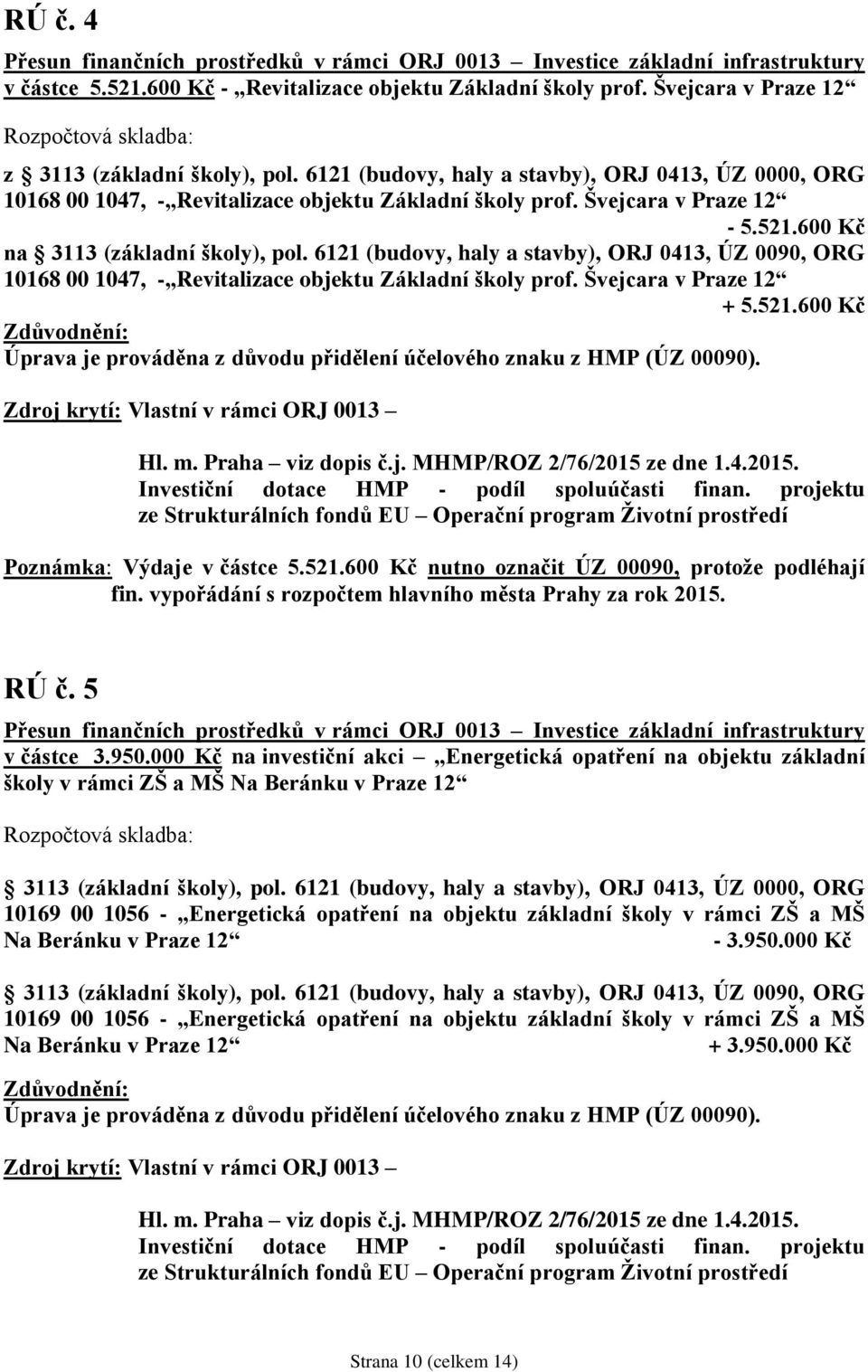 6121 (budovy, haly a stavby), ORJ 0413, ÚZ 0090, ORG 10168 00 1047, - Revitalizace objektu Základní školy prof. Švejcara v Praze 12 + 5.521.