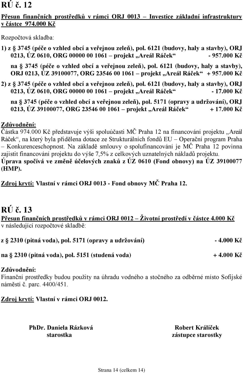 000 Kč 2) z 3745 (péče o vzhled obcí a veřejnou zeleň), pol. 6121 (budovy, haly a stavby), ORJ 0213, ÚZ 0610, ORG 00000 00 1061 projekt Areál Ráček - 17.