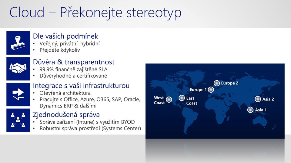 9% finančně zajištěné SLA Důvěryhodné a certifikované Integrace s vaši infrastrukturou Otevřená architektura