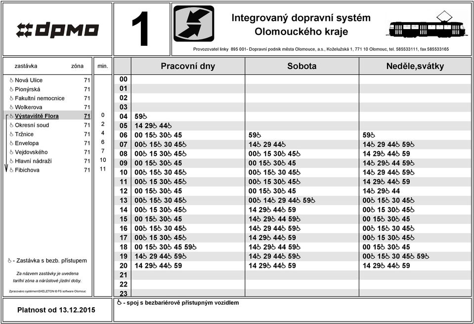 Tržnice 71 4 @ Envelopa 71 6 @ Vejdovského 71 7 @ Hlavní nádraží 71 @ Fibichova 71 Platnost od.