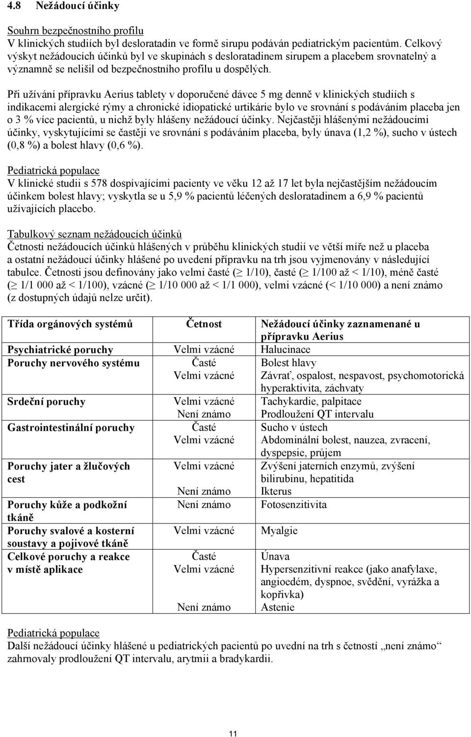 Při užívání přípravku Aerius tablety v doporučené dávce 5 mg denně v klinických studiích s indikacemi alergické rýmy a chronické idiopatické urtikárie bylo ve srovnání s podáváním placeba jen o 3 %