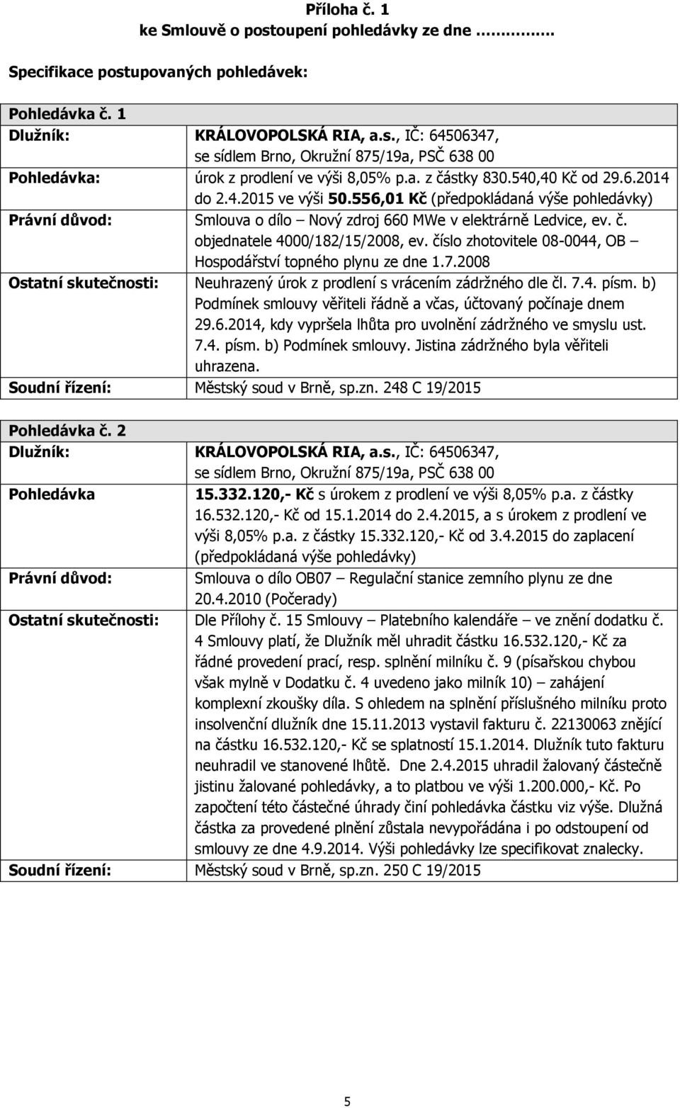 číslo zhotovitele 08-0044, OB Hospodářství topného plynu ze d 1.7.2008 Neuhrazený úrok z prodlení s vrácením zádržného dle čl. 7.4. písm.