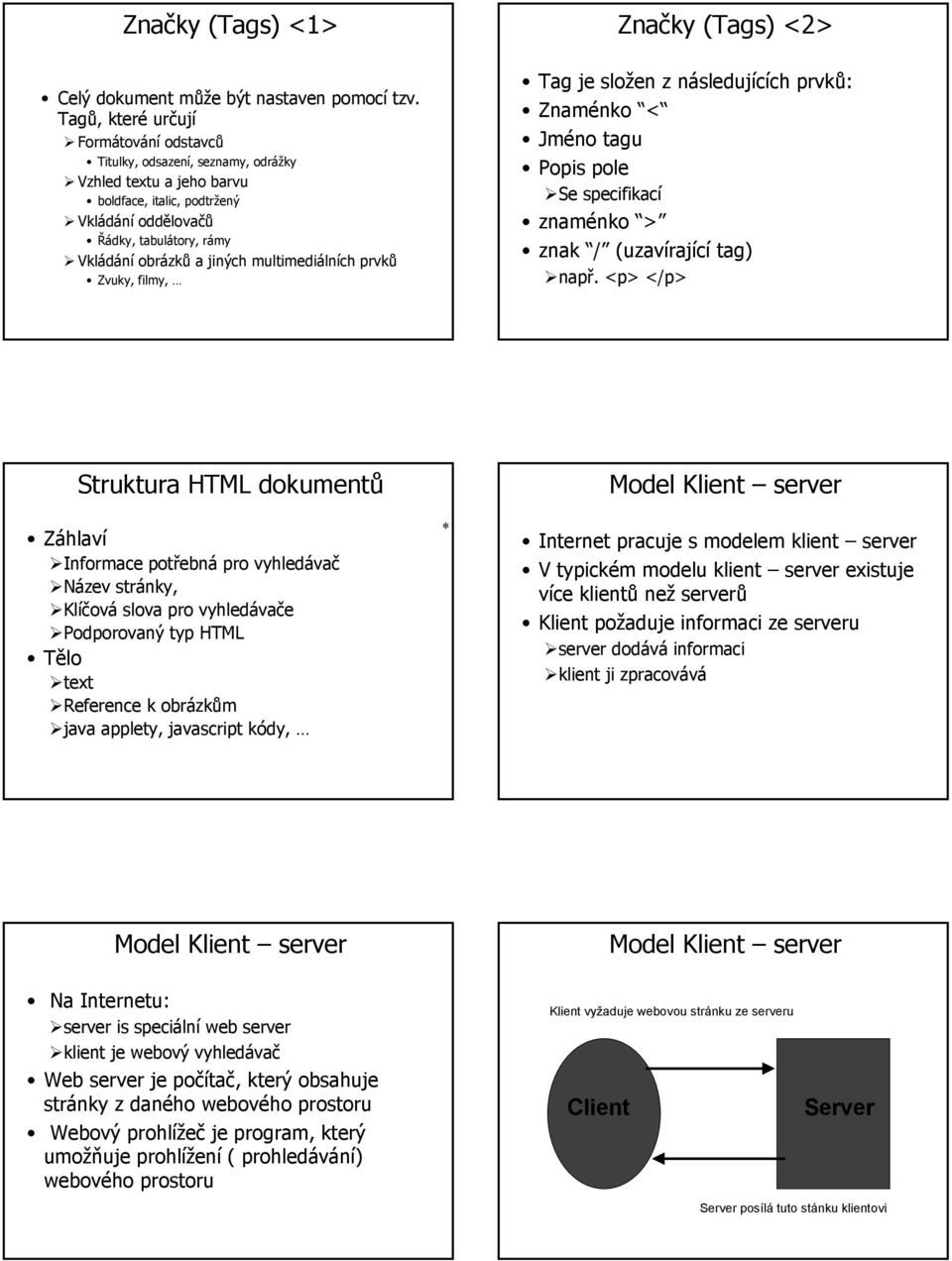 multimediálních prvků Zvuky, filmy, Značky (Tags) <2> Tag je složen z následujících prvků: Znaménko < Jméno tagu Popis pole Se specifikací znaménko > znak / (uzavírající tag) např.