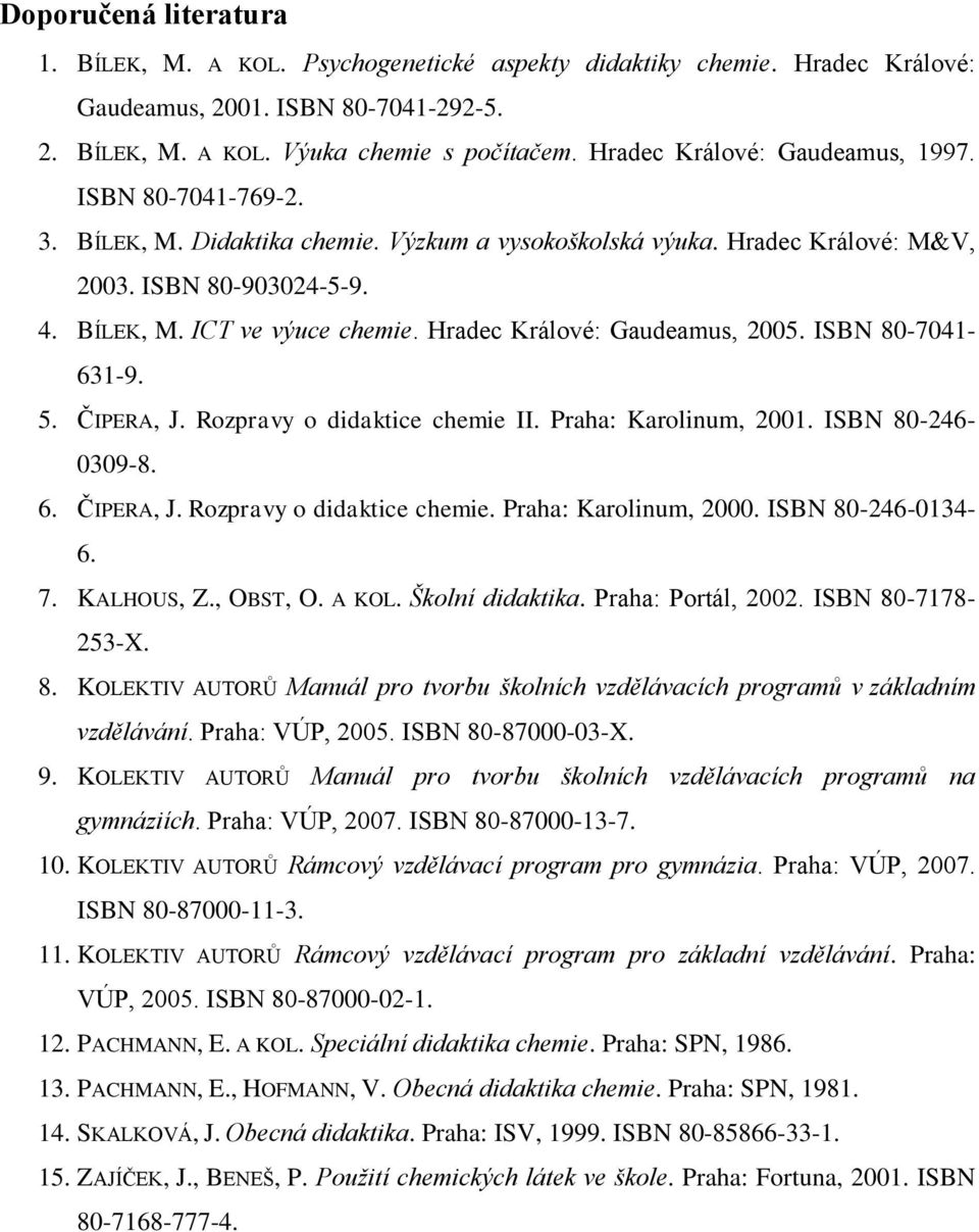 Hradec Králové: Gaudeamus, 2005. ISBN 80-7041- 631-9. 5. ČIPERA, J. Rozpravy o didaktice chemie II. Praha: Karolinum, 2001. ISBN 80-246- 0309-8. 6. ČIPERA, J. Rozpravy o didaktice chemie. Praha: Karolinum, 2000.