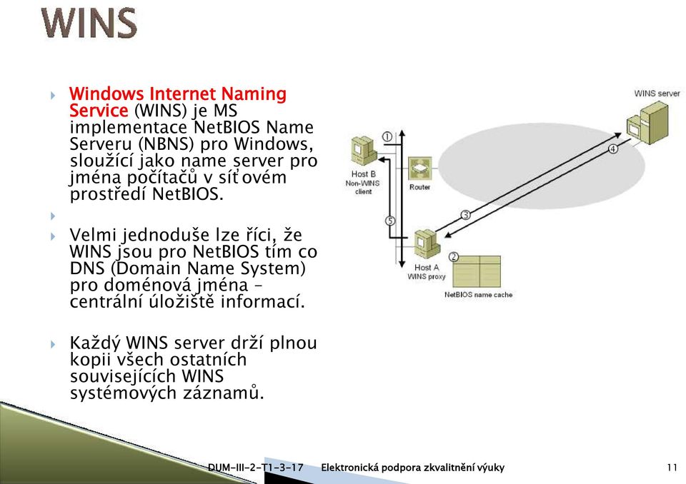 Velmi jednoduše lze říci, že WINS jsou pro NetBIOS tím co DNS (Domain Name System) pro doménová jména