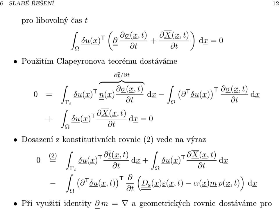 Dosazení z konstitutivních rovnic (2) vede na výraz 0 (2) T (x, t) T X(x, t) = δu(x) dx + δu(x) dx Γ t (