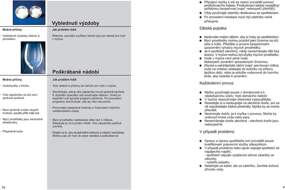 Poškrábané nádobí - Toto nádobí a pøíbory se nehodí pro mytí v myèce. - Zkontrolujte, zda je víko zásobníku na sùl správnì zavøené. K doplnìní speciální soli používejte nálevku.