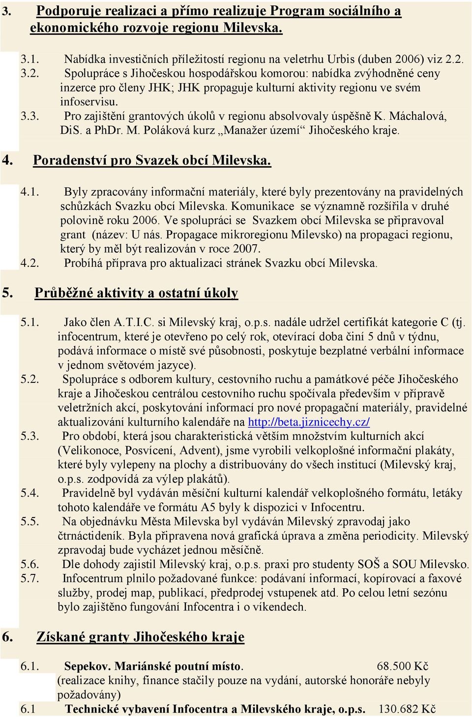 Máchalová, DiS. a PhDr. M. Poláková kurz Manažer území Jihočeského kraje. 4. Poradenství pro Svazek obcí Milevska. 4.1.