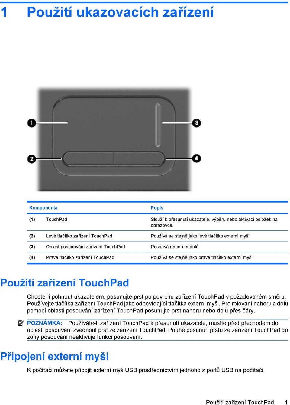 (4) Pravé tlačítko zařízení TouchPad Používá se stejně jako pravé tlačítko externí myši.