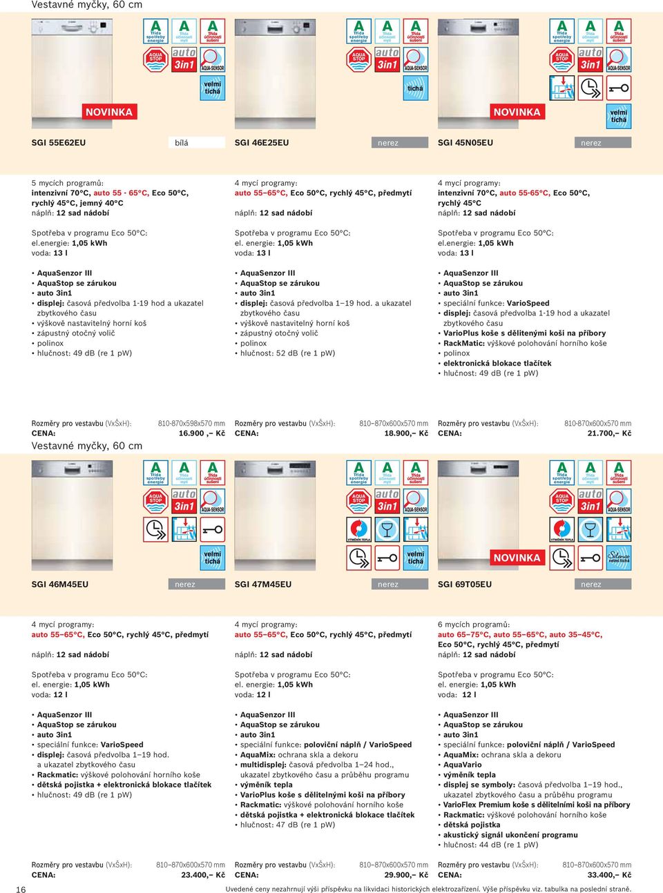 C, Eco 50 C, rychlý 45 C, předmytí el. : 1,05 kwh voda: 13 l displej: časová předvolba 1 19 hod.