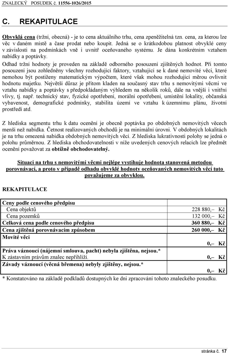 Odhad tržní hodnoty je proveden na základě odborného posouzení zjištěných hodnot.