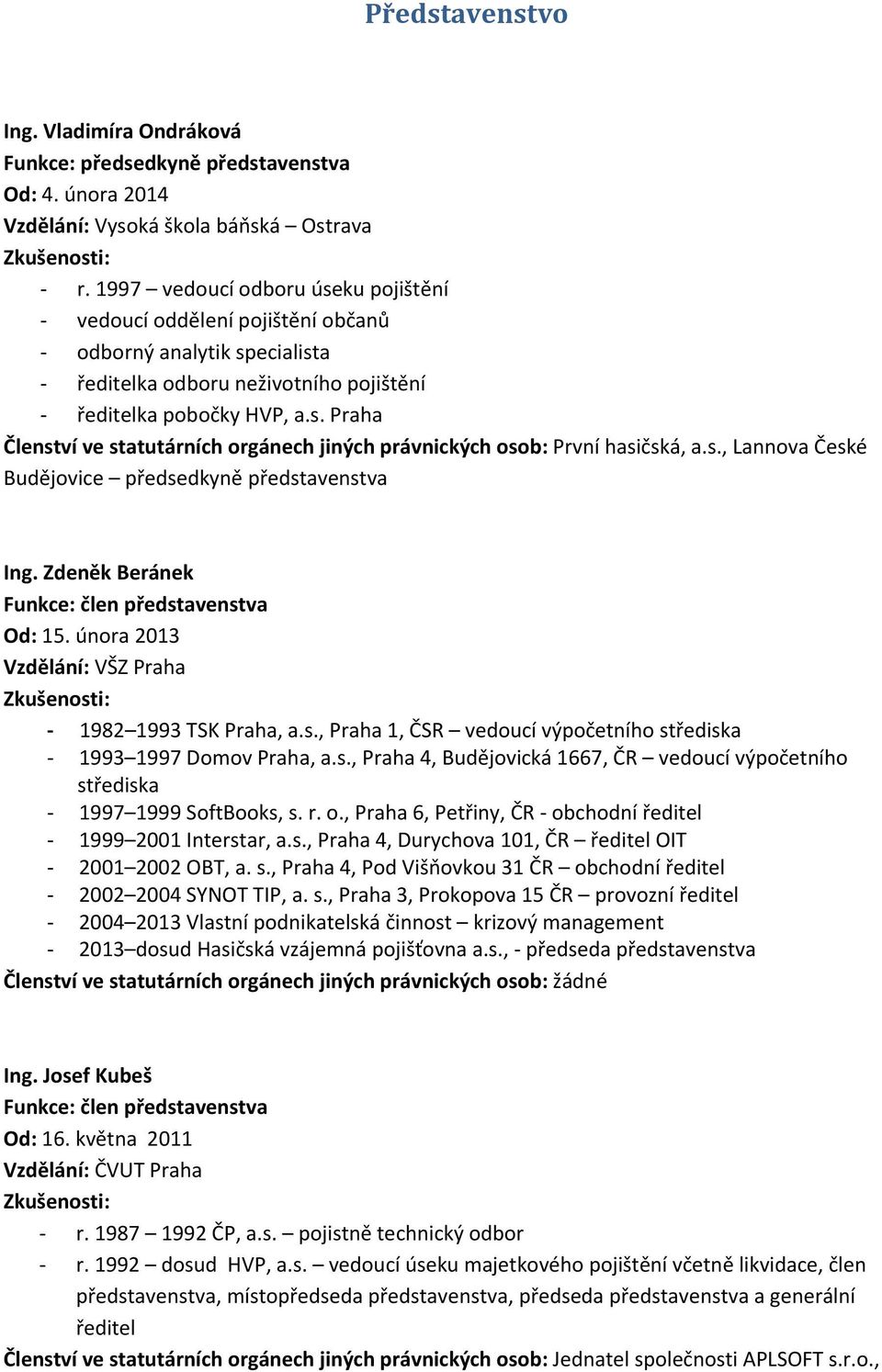 s., Lannova České Budějovice předsedkyně představenstva Ing. Zdeněk Beránek Funkce: člen představenstva Od: 15. února 2013 Vzdělání: VŠZ Praha Zkušenosti: 1982 1993 TSK Praha, a.s., Praha 1, ČSR vedoucí výpočetního střediska 1993 1997 Domov Praha, a.