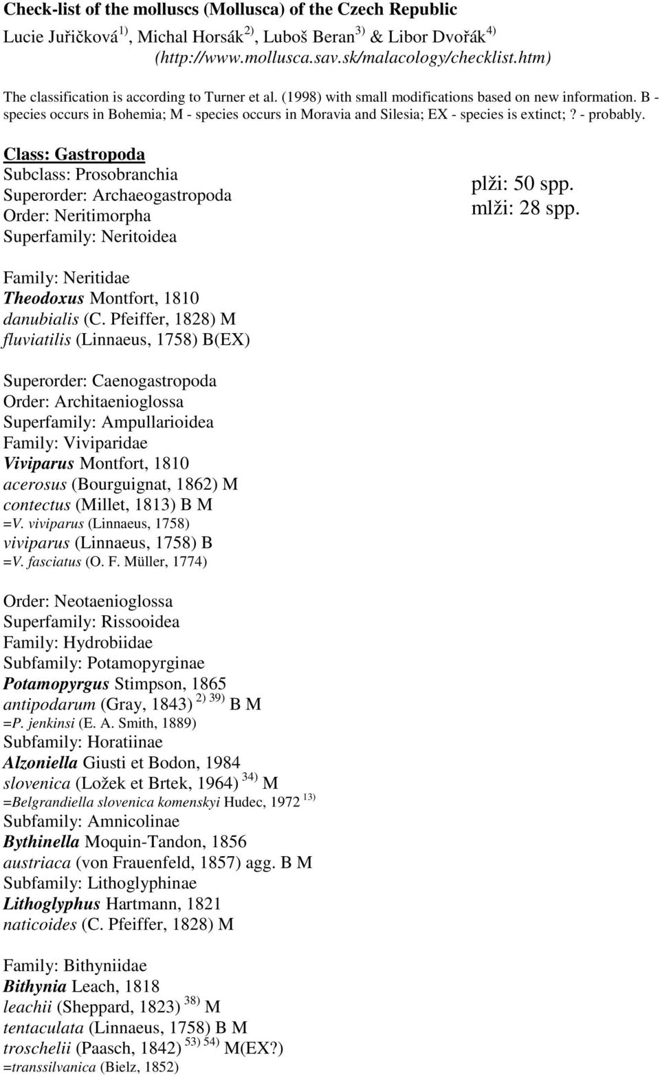 B - species occurs in Bohemia; M - species occurs in Moravia and Silesia; EX - species is extinct;? - probably.