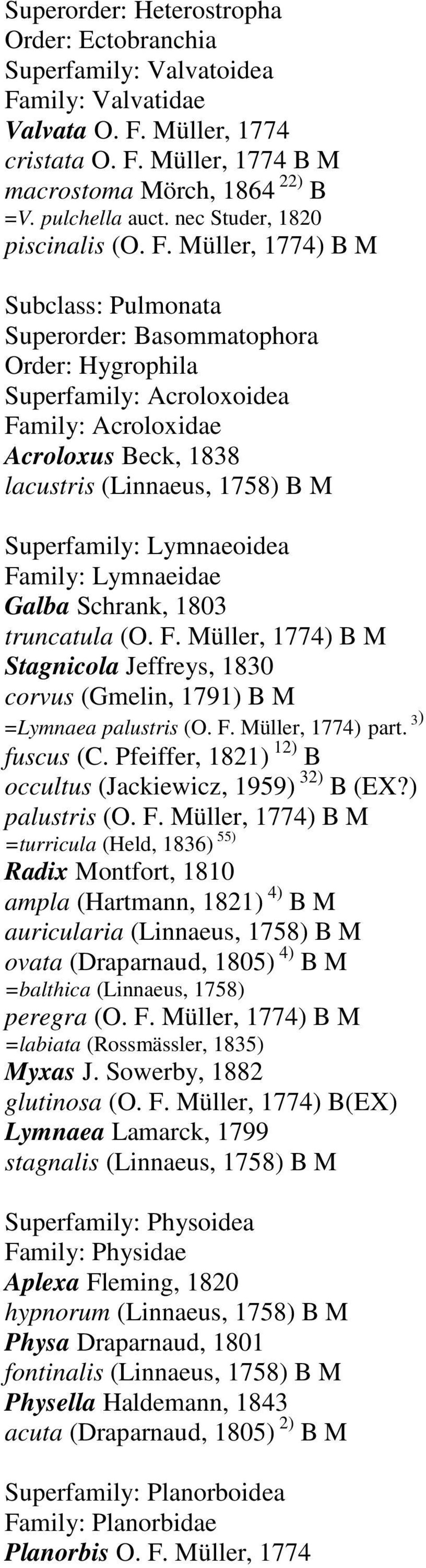 Müller, 1774) B M Subclass: Pulmonata Superorder: Basommatophora Order: Hygrophila Superfamily: Acroloxoidea Family: Acroloxidae Acroloxus Beck, 1838 lacustris (Linnaeus, 1758) B M Superfamily: