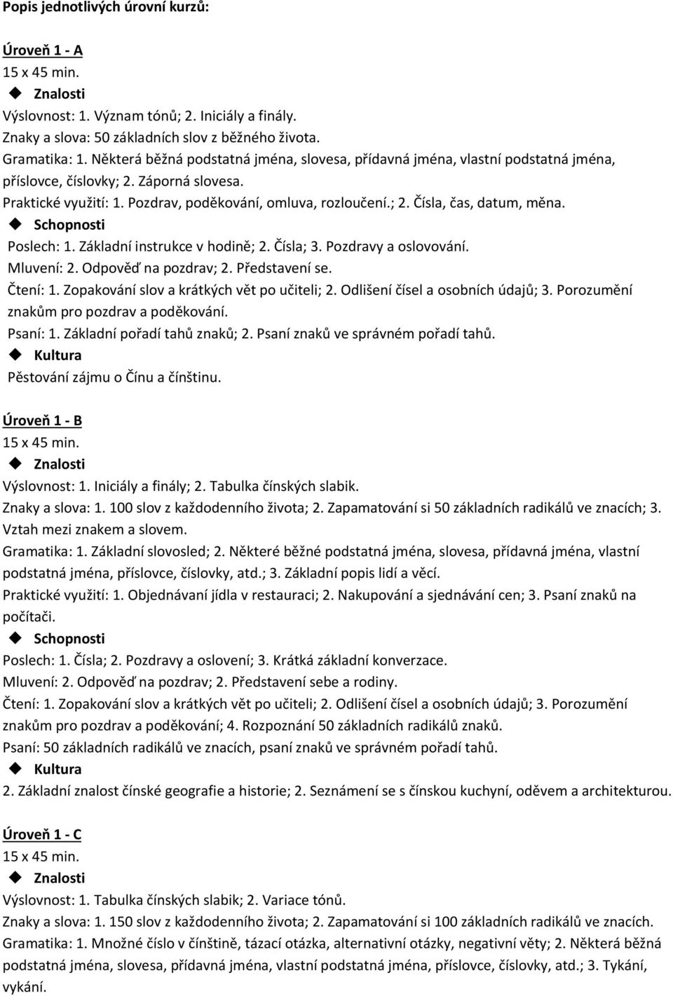 Poslech: 1. Základní instrukce v hodině; 2. Čísla; 3. Pozdravy a oslovování. Mluvení: 2. Odpověď na pozdrav; 2. Představení se. Čtení: 1. Zopakování slov a krátkých vět po učiteli; 2.