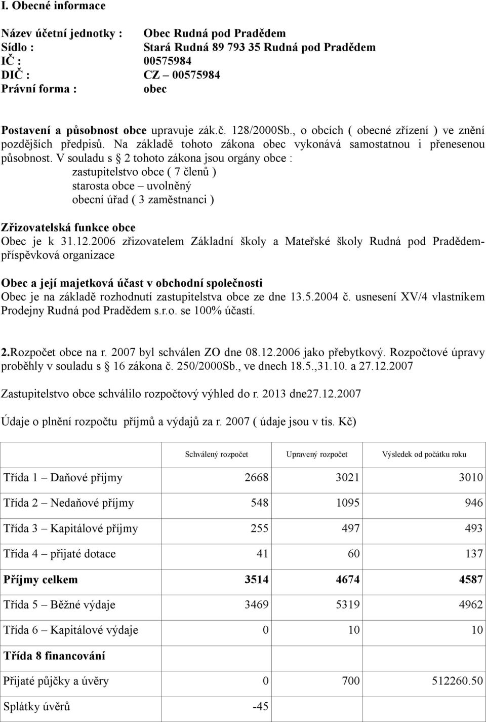 V souladu s 2 tohoto zákona jsou orgány obce : zastupitelstvo obce ( 7 členů ) starosta obce uvolněný obecní úřad ( 3 zaměstnanci ) Zřizovatelská funkce obce Obec je k 31.12.