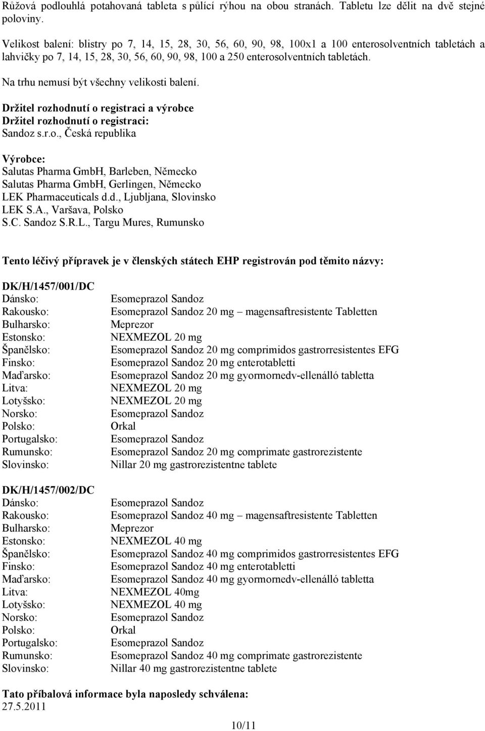 Na trhu nemusí být všechny velikosti balení. Držitel rozhodnutí o registraci a výrobce Držitel rozhodnutí o registraci: Sandoz s.r.o., Česká republika Výrobce: Salutas Pharma GmbH, Barleben, Německo Salutas Pharma GmbH, Gerlingen, Německo LEK Pharmaceuticals d.