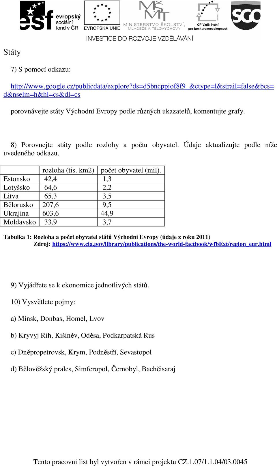 Údaje aktualizujte podle níže uvedeného odkazu. rozloha (tis. km2) počet obyvatel (mil).