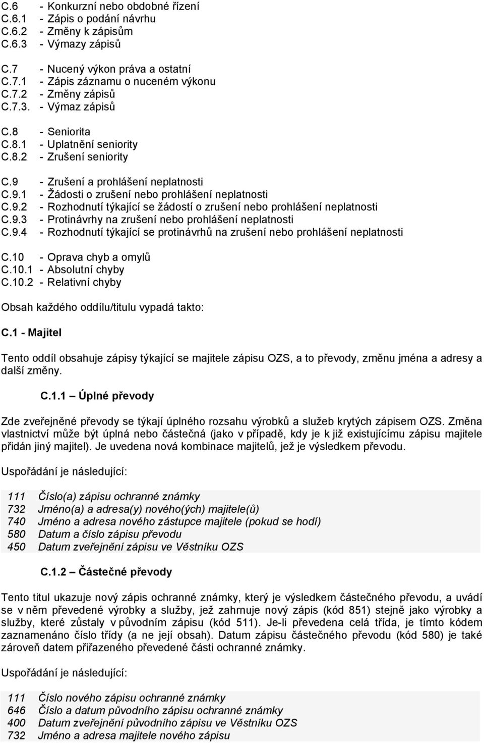 9.3 - Protinávrhy na zrušení nebo prohlášení neplatnosti C.9.4 - Rozhodnutí týkající se protinávrhů na zrušení nebo prohlášení neplatnosti C.10 