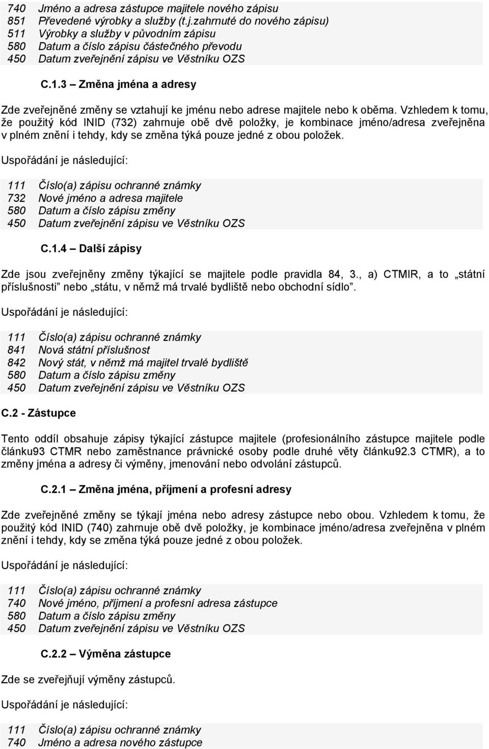 Vzhledem k tomu, že použitý kód INID (732) zahrnuje obě dvě položky, je kombinace jméno/adresa zveřejněna v plném znění i tehdy, kdy se změna týká pouze jedné z obou položek.