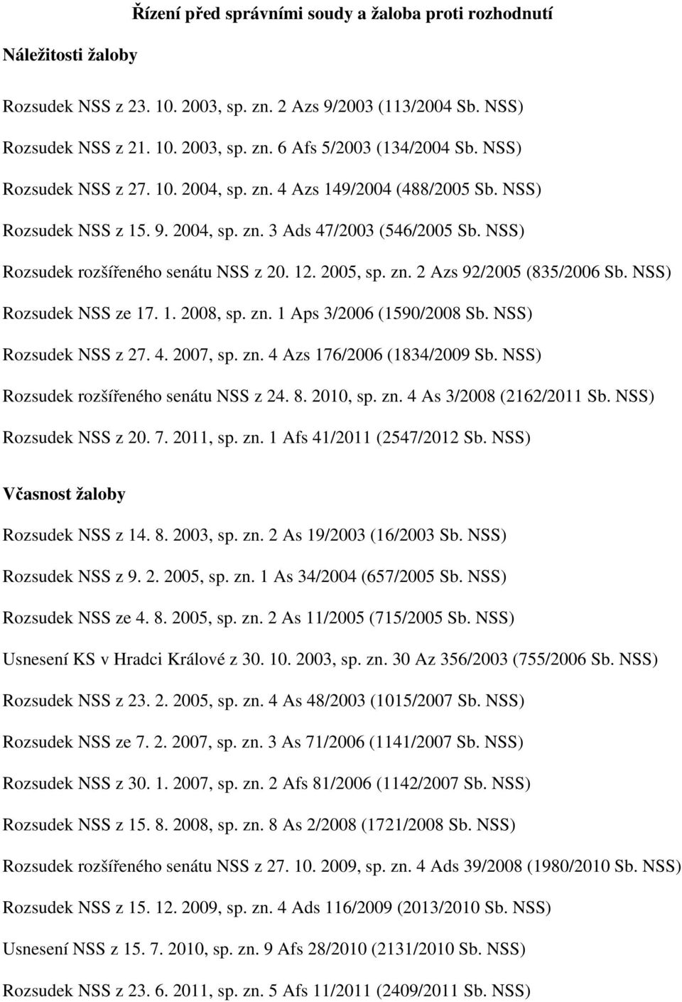NSS) Rozsudek NSS ze 17. 1. 2008, sp. zn. 1 Aps 3/2006 (1590/2008 Sb. NSS) Rozsudek NSS z 27. 4. 2007, sp. zn. 4 Azs 176/2006 (1834/2009 Sb. NSS) Rozsudek rozšířeného senátu NSS z 24. 8. 2010, sp. zn. 4 As 3/2008 (2162/2011 Sb.