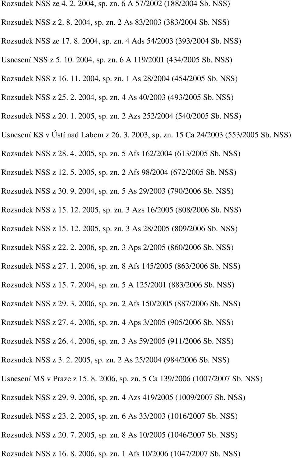 NSS) Rozsudek NSS z 20. 1. 2005, sp. zn. 2 Azs 252/2004 (540/2005 Sb. NSS) Usnesení KS v Ústí nad Labem z 26. 3. 2003, sp. zn. 15 Ca 24/2003 (553/2005 Sb. NSS) Rozsudek NSS z 28. 4. 2005, sp. zn. 5 Afs 162/2004 (613/2005 Sb.