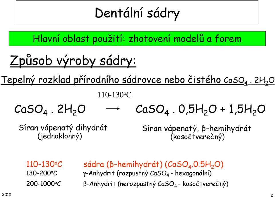 0,5H 2 O + 1,5H 2 O Síran vápenatý dihydrát (jednoklonný) Síran vápenatý, β-hemihydrát (kosočtverečný) 110-130 o C