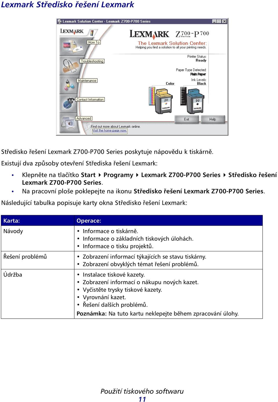 Na pracovní ploše poklepejte na ikonu Středisko řešení Lexmark Z700-P700 Series.
