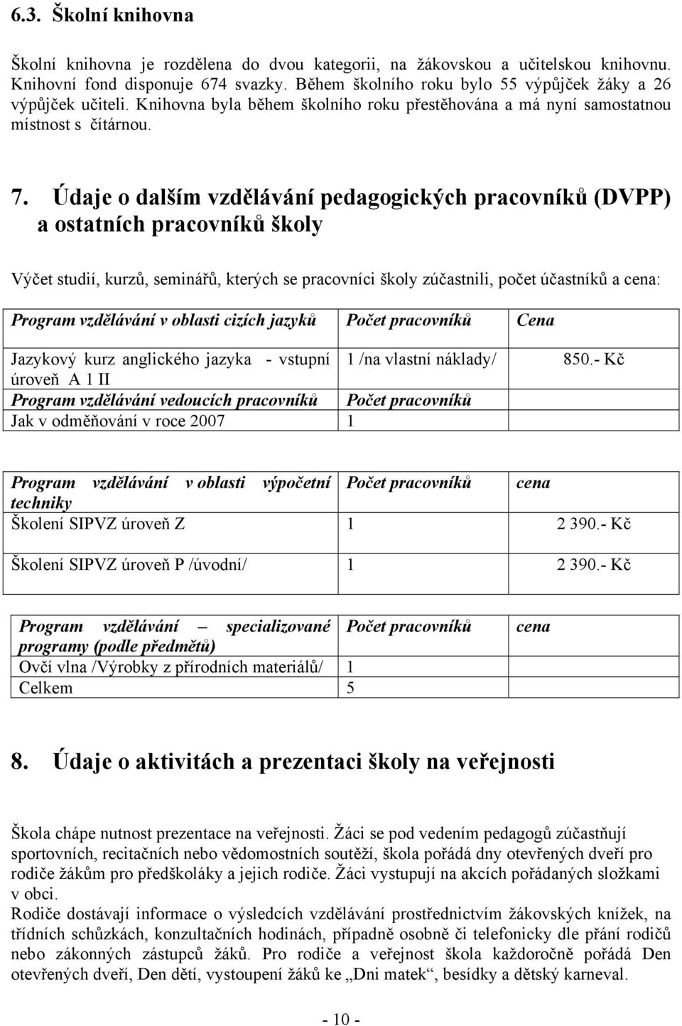 Údaje o dalším vzdělávání pedagogických pracovníků (DVPP) a ostatních pracovníků školy Výčet studií, kurzů, seminářů, kterých se pracovníci školy zúčastnili, počet účastníků a cena: Program