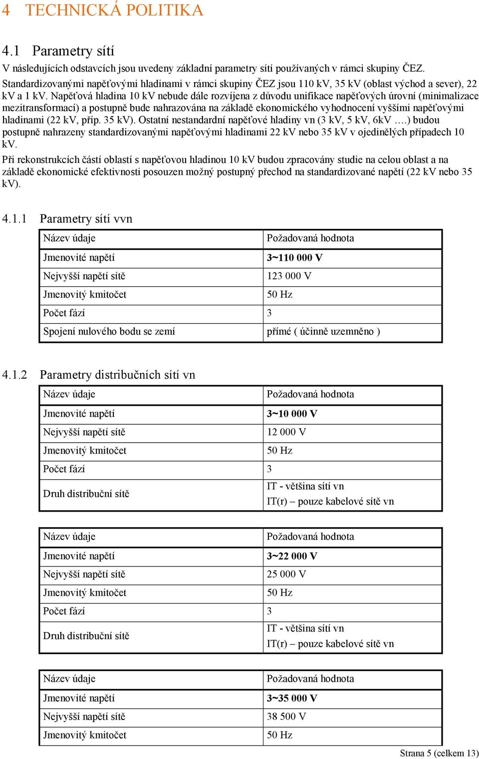 Napěťová hladina 10 kv nebude dále rozvíjena z důvodu unifikace napěťových úrovní (minimalizace mezitransformací) a postupně bude nahrazována na základě ekonomického vyhodnocení vyššími napěťovými