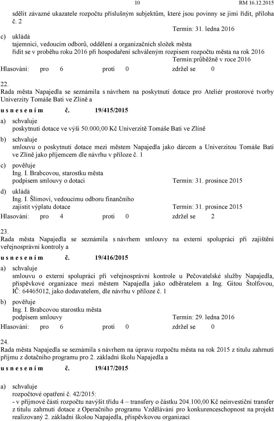 roce 2016 22. Rada města Napajedla se seznámila s návrhem na poskytnutí dotace pro Ateliér prostorové tvorby Univerzity Tomáše Bati ve Zlíně a usnesením č. 19/415/2015 poskytnutí dotace ve výši 50.