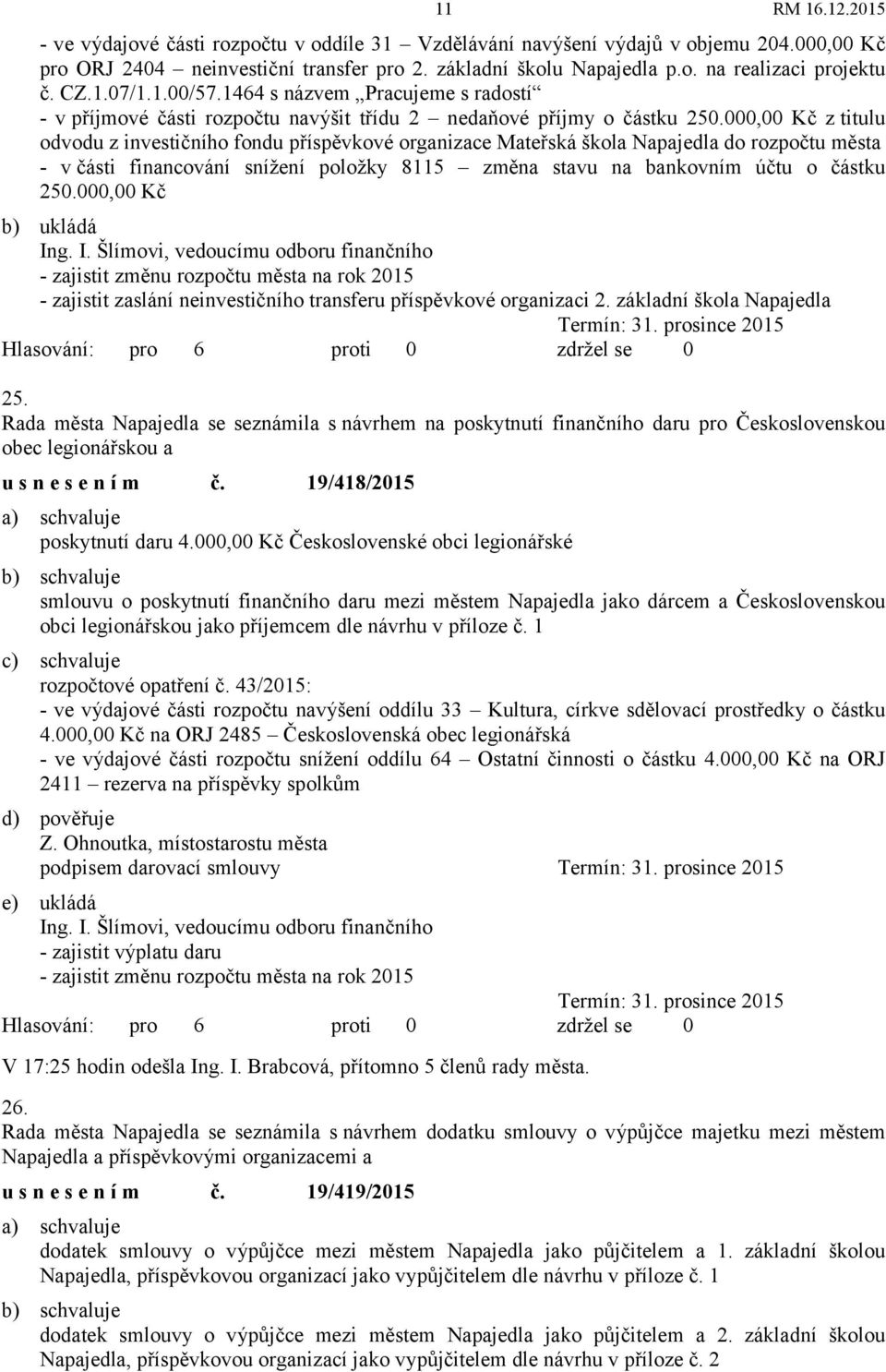 000,00 Kč z titulu odvodu z investičního fondu příspěvkové organizace Mateřská škola Napajedla do rozpočtu města - včásti financování snížení položky 8115 změna stavu na bankovním účtu o částku 250.