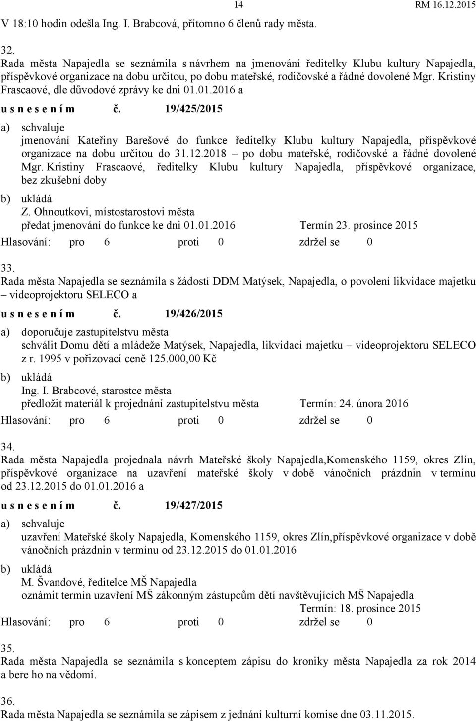 Kristiny Frascaové, dle důvodové zprávy ke dni 01.01.2016 a usnesením č.