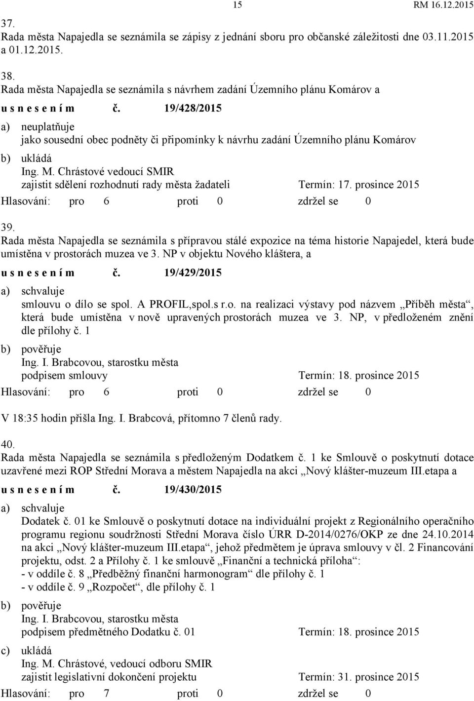 M. Chrástové vedoucí SMIR zajistit sdělení rozhodnutí rady města žadateli Termín: 17. prosince 2015 39.