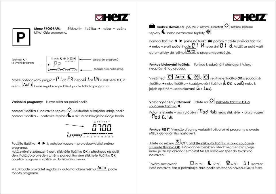 pomocí +/ - Sledování programů se vybírá program Zobrazení denního prog. Funkce blokování tlačítek: neoprávněnou osobou.