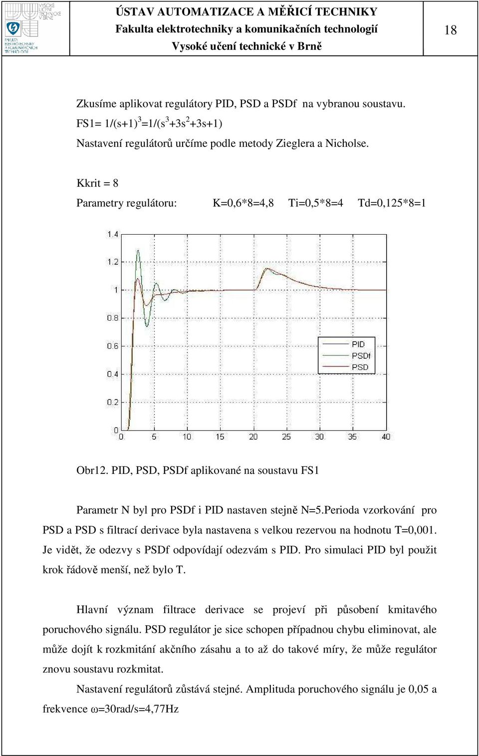 Perioda vzorkování pro PSD a PSD s filtrací derivace byla nastavena s velkou rezervou na hodnotu T=0,001. Je vidět, že odezvy s PSDf odpovídají odezvám s PID.