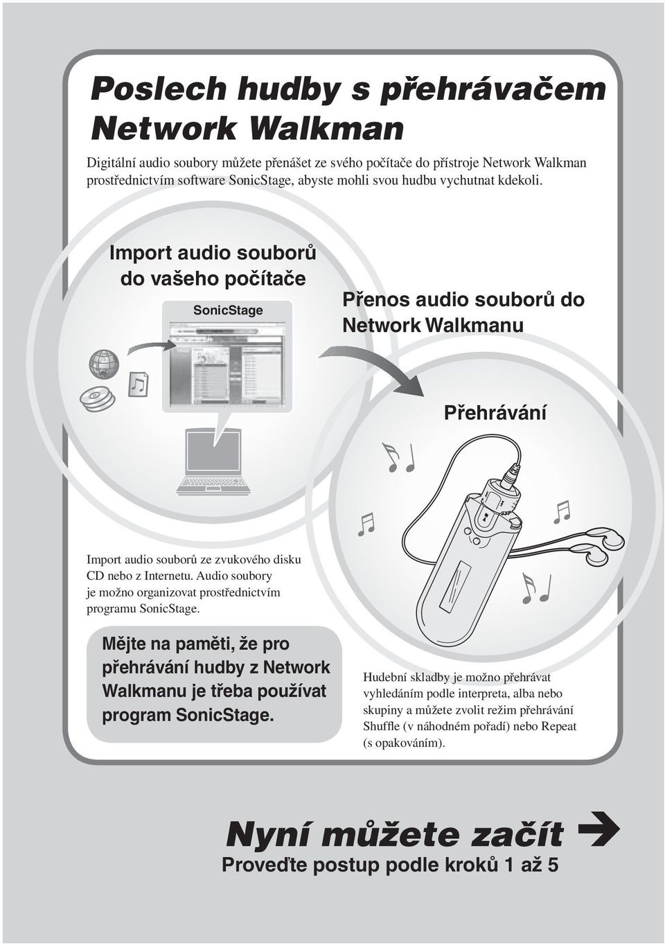 Audio soubory je možno organizovat prostřednictvím programu SonicStage. Mějte na paměti, že pro přehrávání hudby z Network Walkmanu je třeba používat program SonicStage.