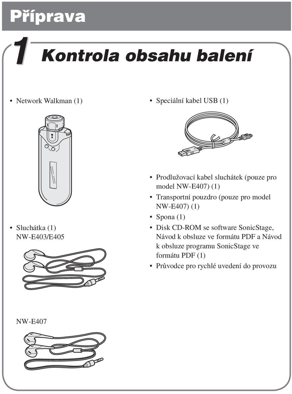 (pouze pro model NW-E407) (1) Spona (1) Disk CD-ROM se software SonicStage, Návod k obsluze ve