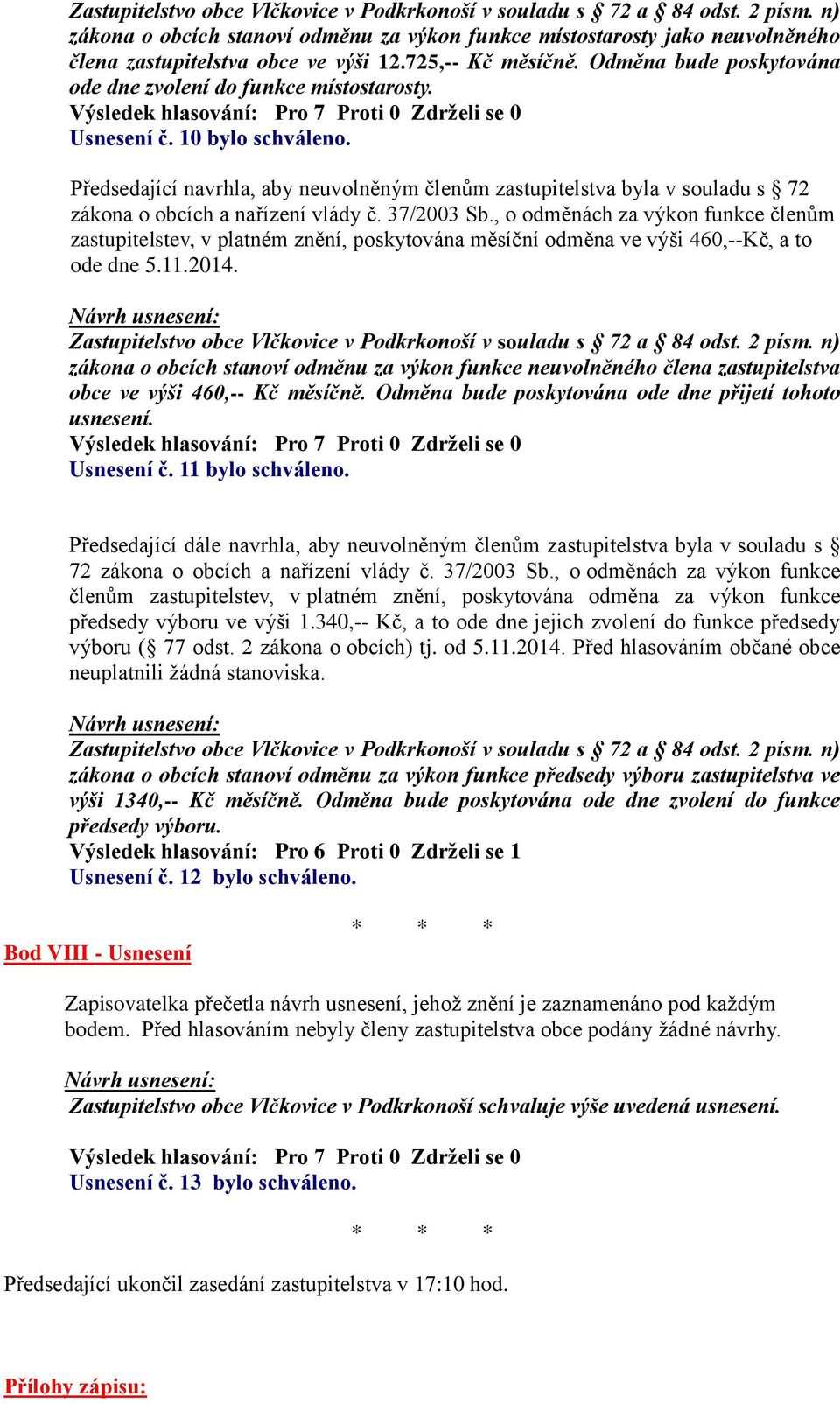 Předsedající navrhla, aby neuvolněným členům zastupitelstva byla v souladu s 72 zákona o obcích a nařízení vlády č. 37/2003 Sb.