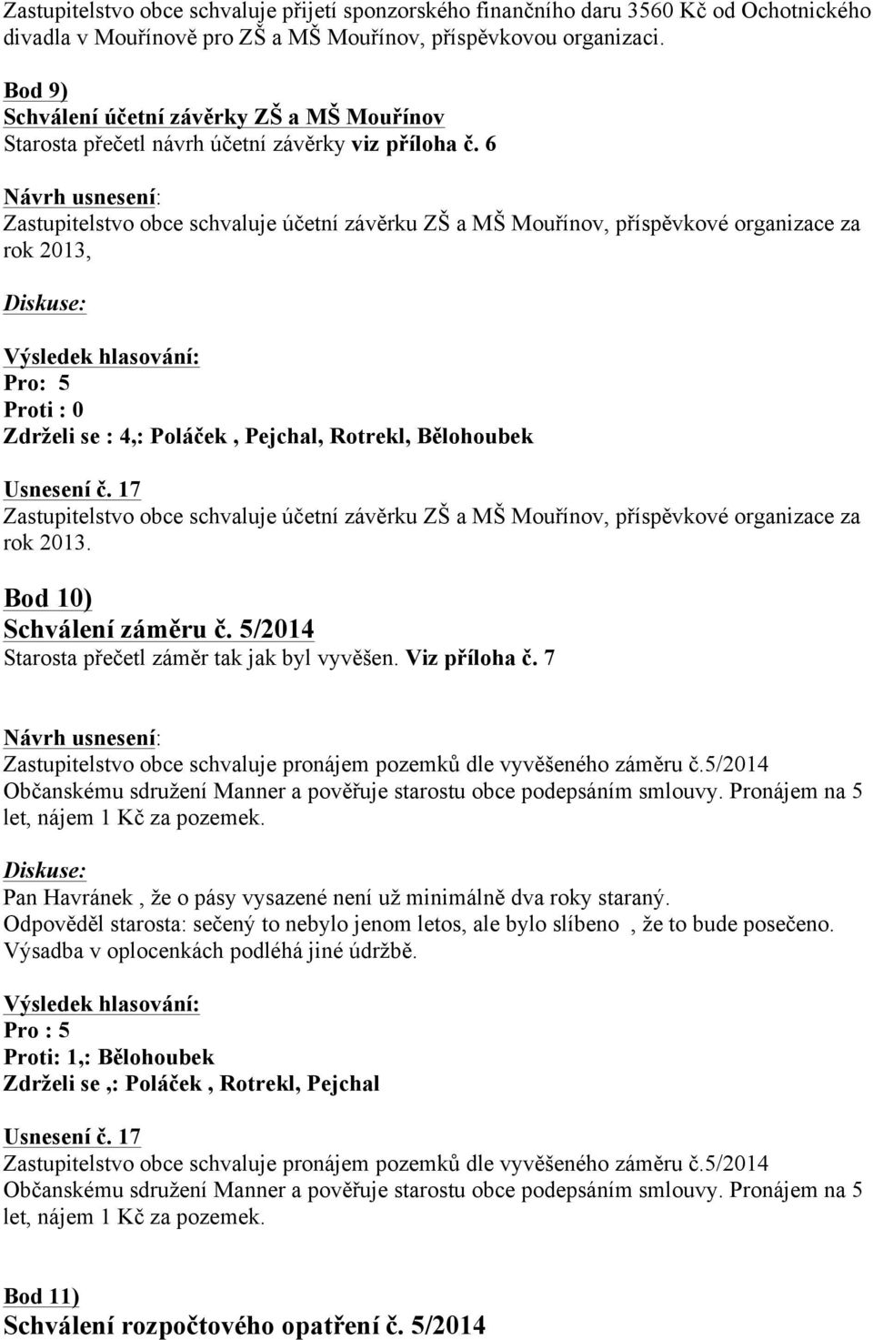 6 Zastupitelstvo obce schvaluje účetní závěrku ZŠ a MŠ Mouřínov, příspěvkové organizace za rok 2013, Pro: 5 Proti : 0 Zdrželi se : 4,: Poláček, Pejchal, Rotrekl, Bělohoubek Usnesení č.