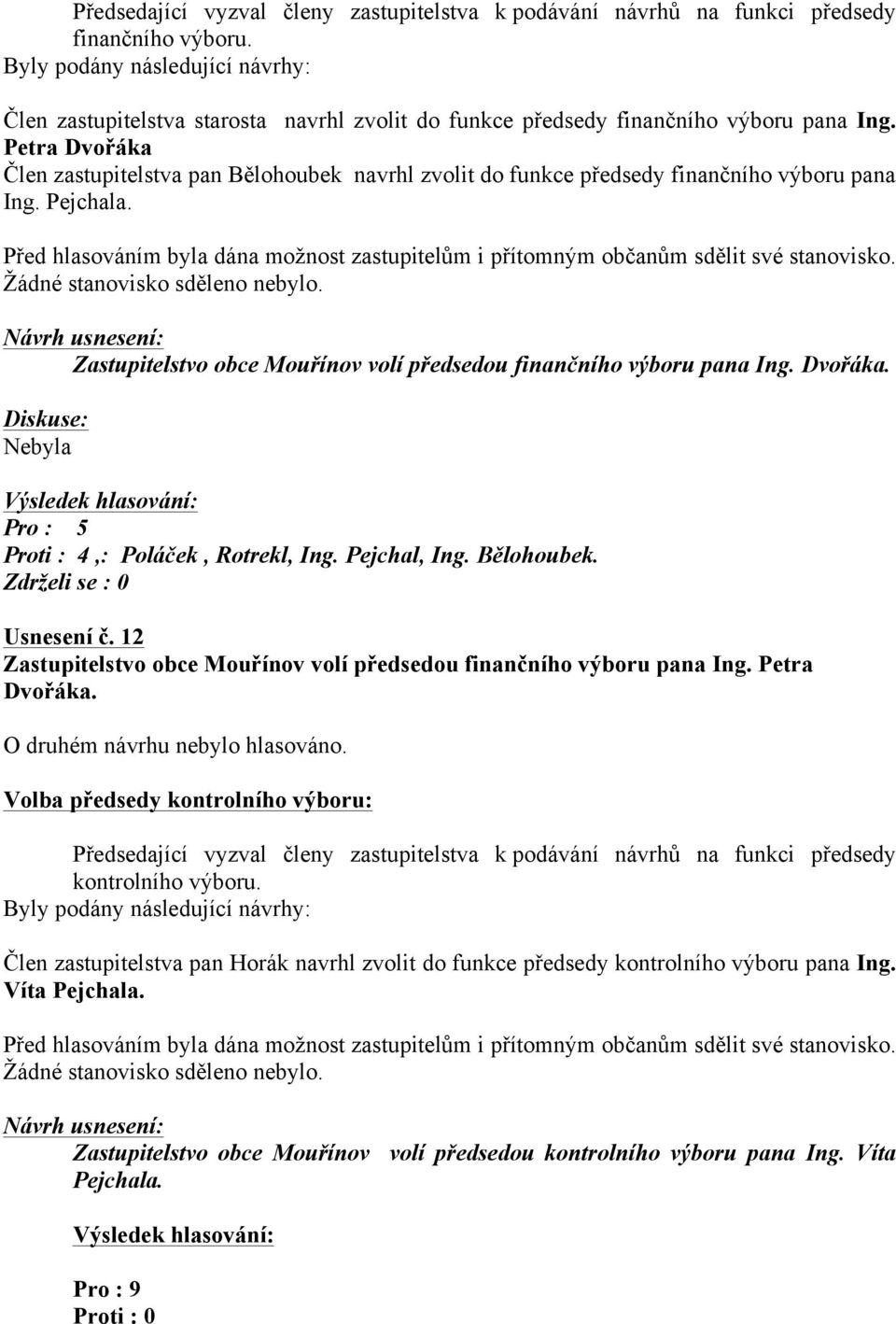 Petra Dvořáka Člen zastupitelstva pan Bělohoubek navrhl zvolit do funkce předsedy finančního výboru pana Ing. Pejchala.