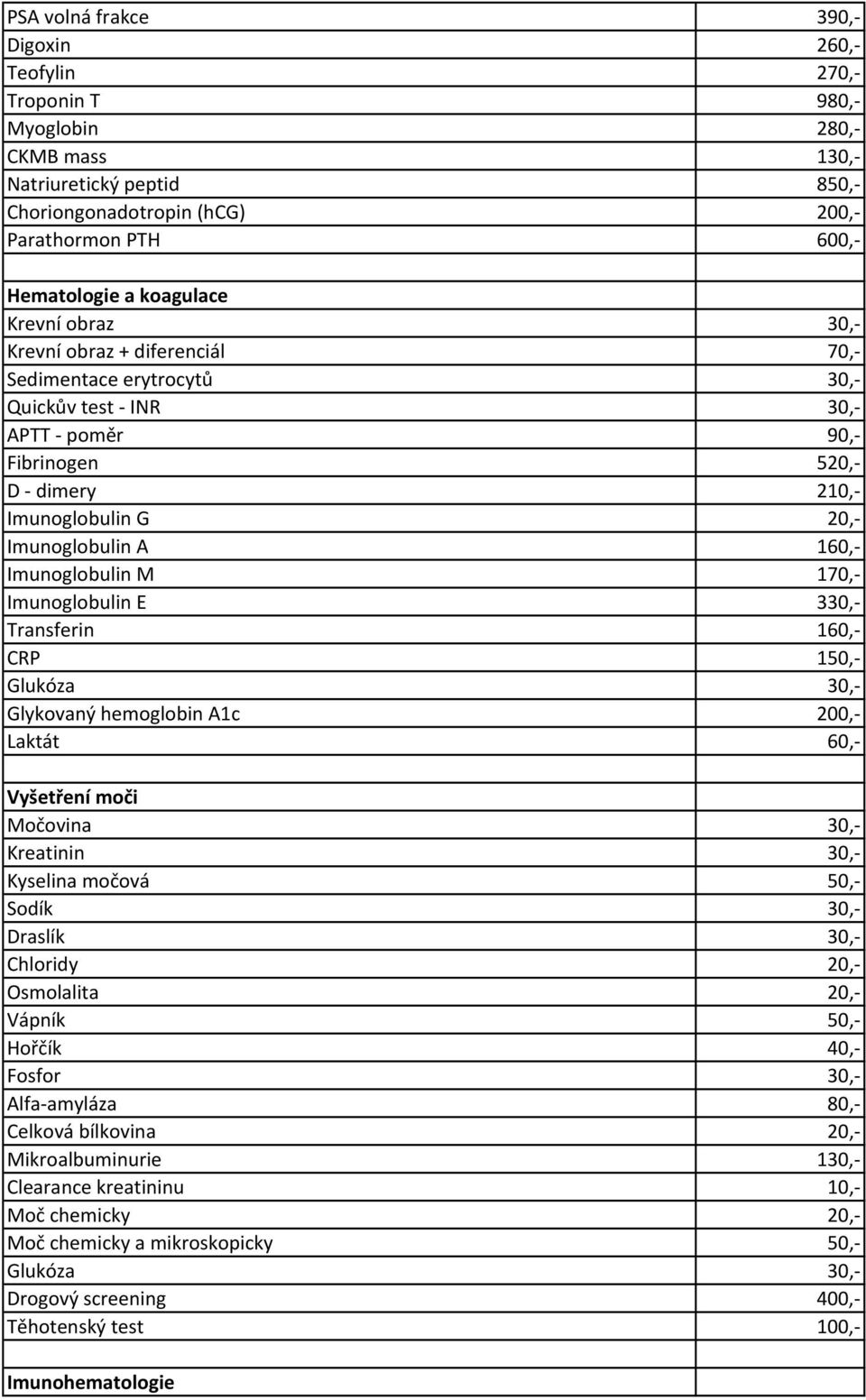 A 160,- Imunoglobulin M 170,- Imunoglobulin E 330,- Transferin 160,- CRP 150,- Glukóza 30,- Glykovaný hemoglobin A1c 200,- Laktát 60,- Vyšetření moči Močovina 30,- Kreatinin 30,- Kyselina močová 50,-