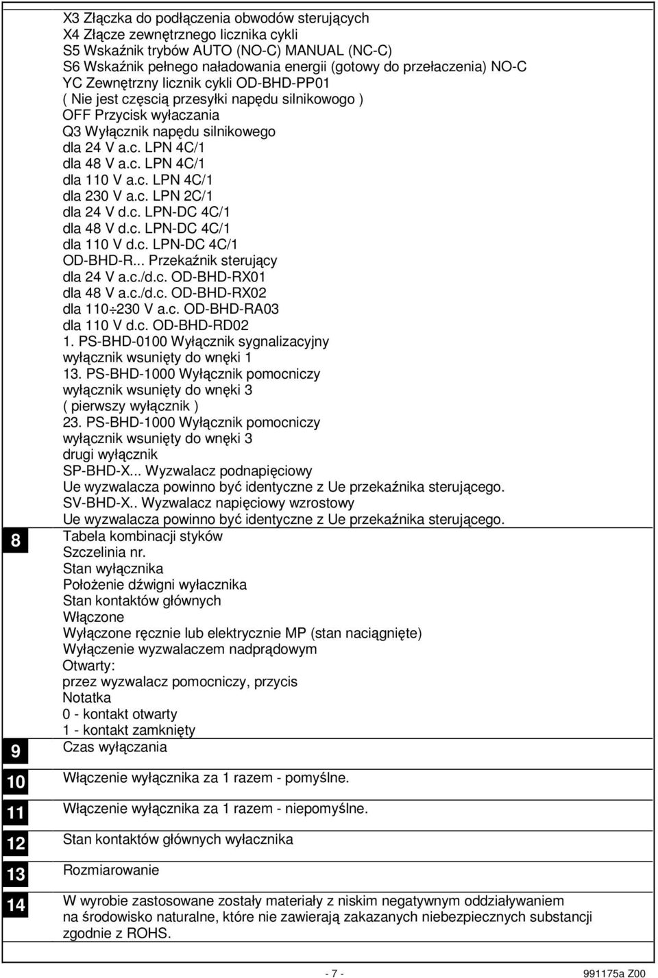 c. LPN 2C/ dla 24 V d.c. LPN-DC 4C/ dla 48 V d.c. LPN-DC 4C/ dla V d.c. LPN-DC 4C/ OD-BHD-R... Przekaźnik sterujący dla 24 V a.c./d.c. OD-BHD-RX dla 48 V a.c./d.c. OD-BHD-RX2 dla 23 V a.c. OD-BHD-RA3 dla V d.