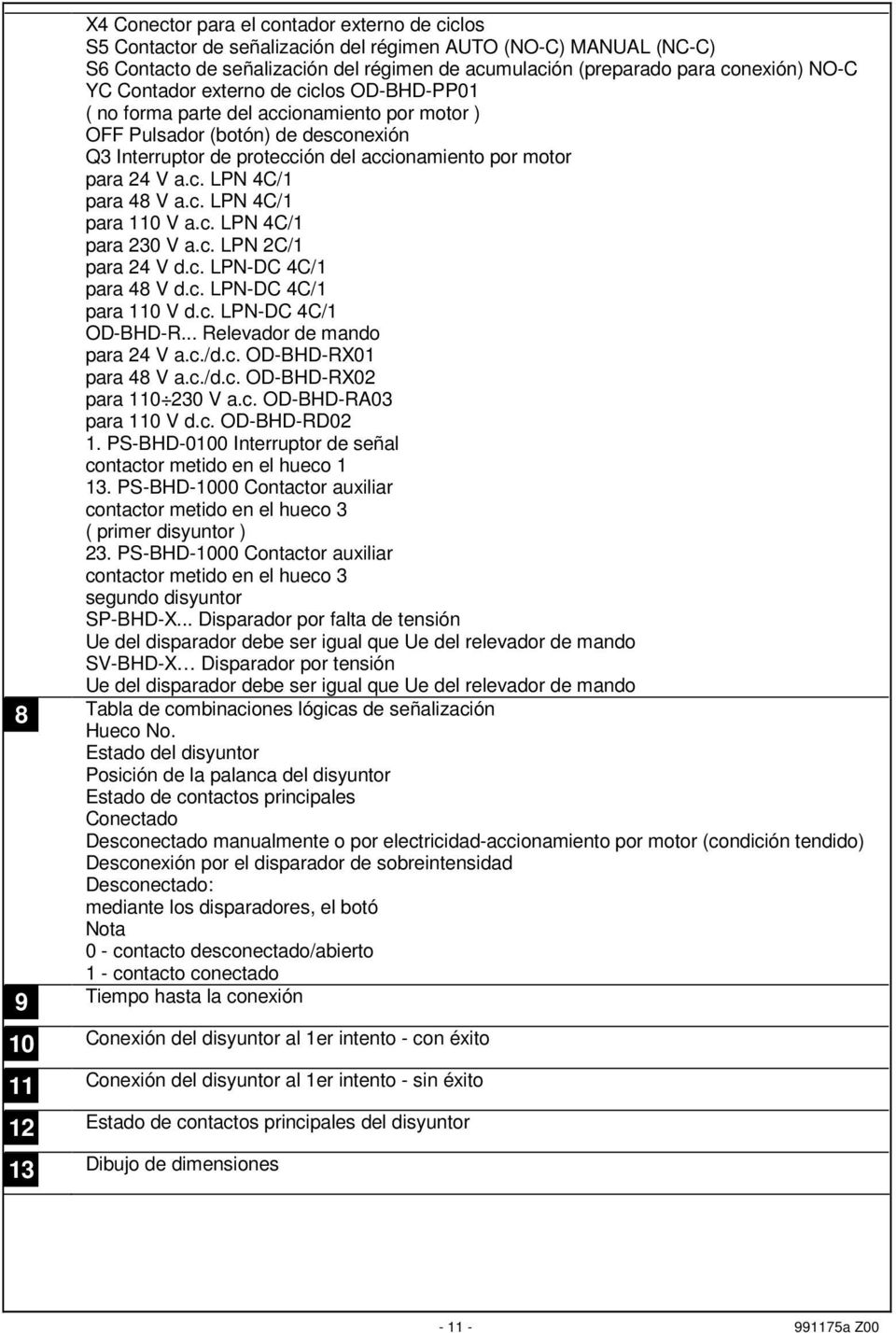 c. LPN 4C/ para V a.c. LPN 4C/ para 23 V a.c. LPN 2C/ para 24 V d.c. LPN-DC 4C/ para 48 V d.c. LPN-DC 4C/ para V d.c. LPN-DC 4C/ OD-BHD-R... Relevador de mando para 24 V a.c./d.c. OD-BHD-RX para 48 V a.