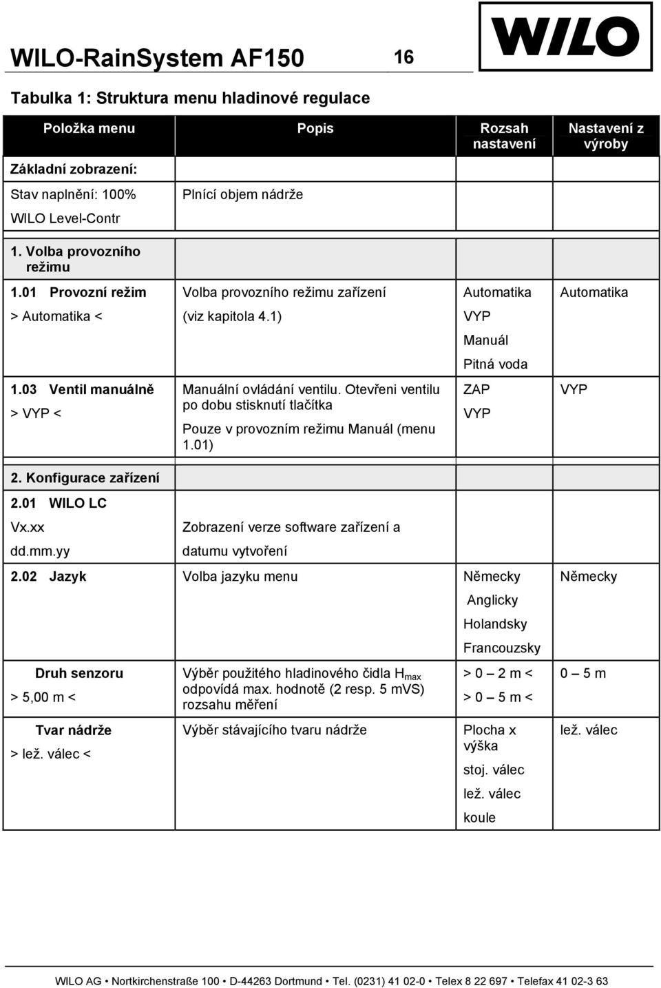 03 Ventil manuálně > VYP < Manuální ovládání ventilu. Otevřeni ventilu po dobu stisknutí tlačítka Pouze v provozním režimu Manuál (menu 1.01) ZAP VYP VYP 2. Konfigurace zařízení 2.01 WILO LC Vx.xx dd.
