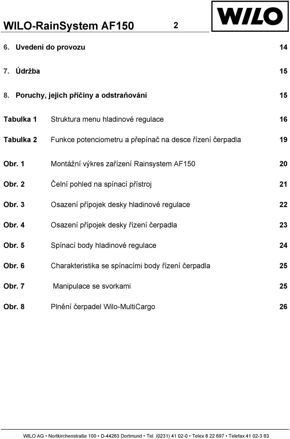 čerpadla 19 Obr. 1 Montážní výkres zařízení Rainsystem AF150 20 Obr. 2 Čelní pohled na spínací přístroj 21 Obr.