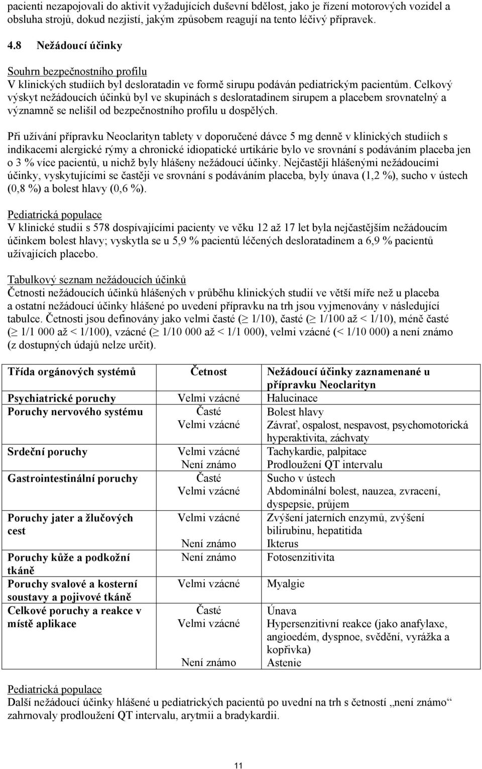 Celkový výskyt nežádoucích účinků byl ve skupinách s desloratadinem sirupem a placebem srovnatelný a významně se nelišil od bezpečnostního profilu u dospělých.