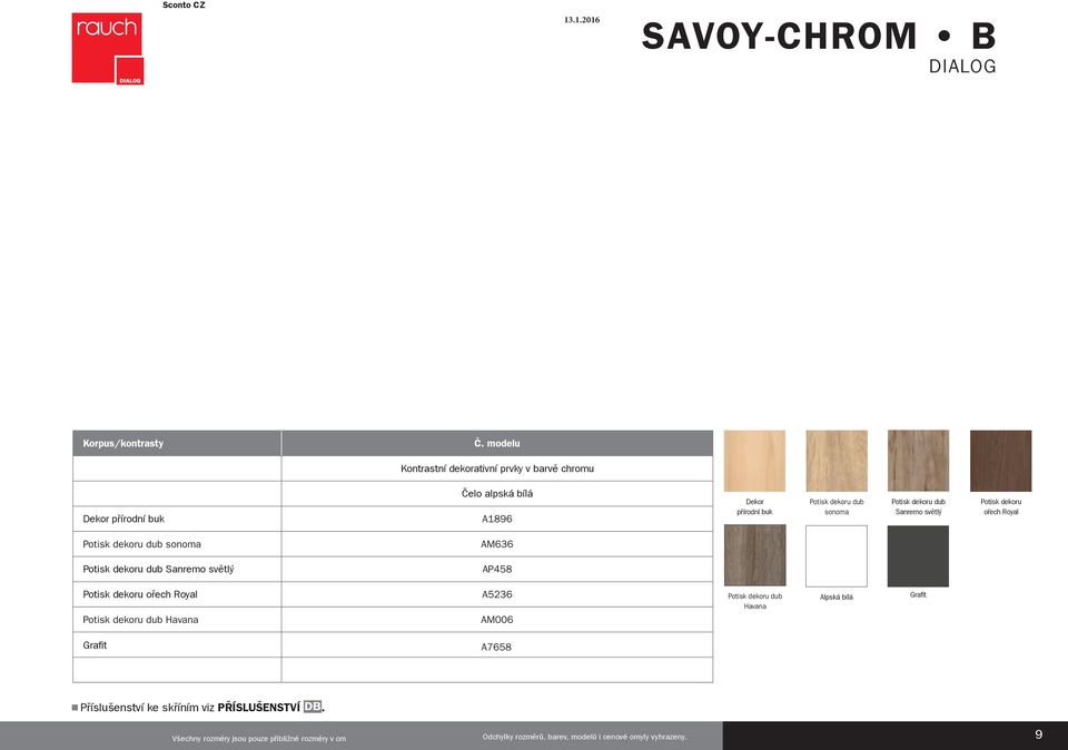 modelu Kontrastní dekorativní prvky v barvě chromu Dekor přírodní buk Čelo alpská bílá A1896 Dekor přírodní buk sonoma Sanremo