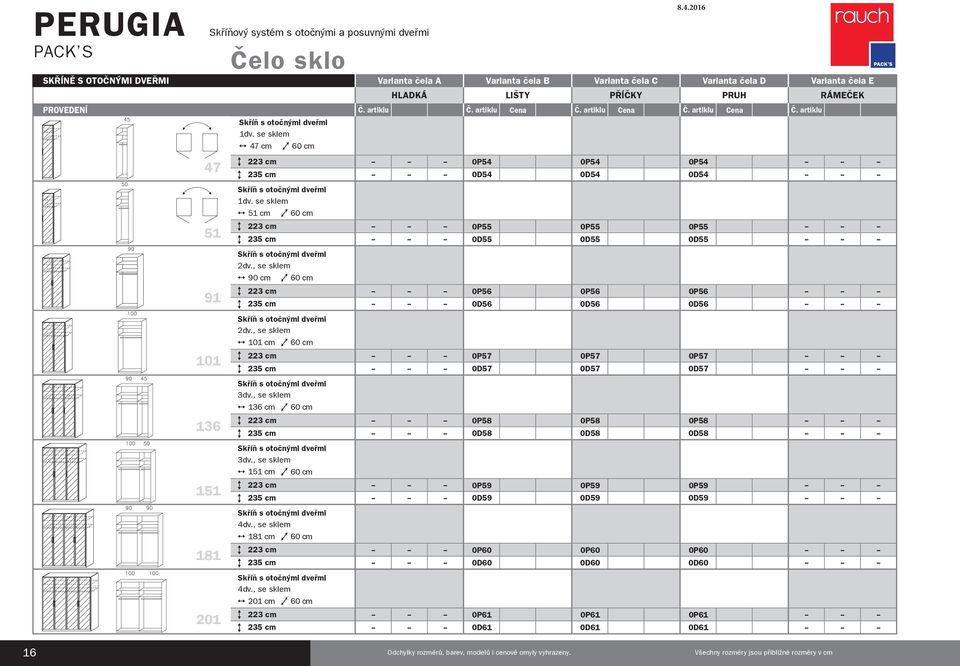 , se sklem 90 cm 60 cm 0P56 0P56 0P56 0D56 0D56 0D56 2dv., se sklem 101 cm 60 cm 0P57 0P57 0P57 0D57 0D57 0D57 3dv., se sklem 136 cm 60 cm 0P58 0P58 0P58 0D58 0D58 0D58 3dv.